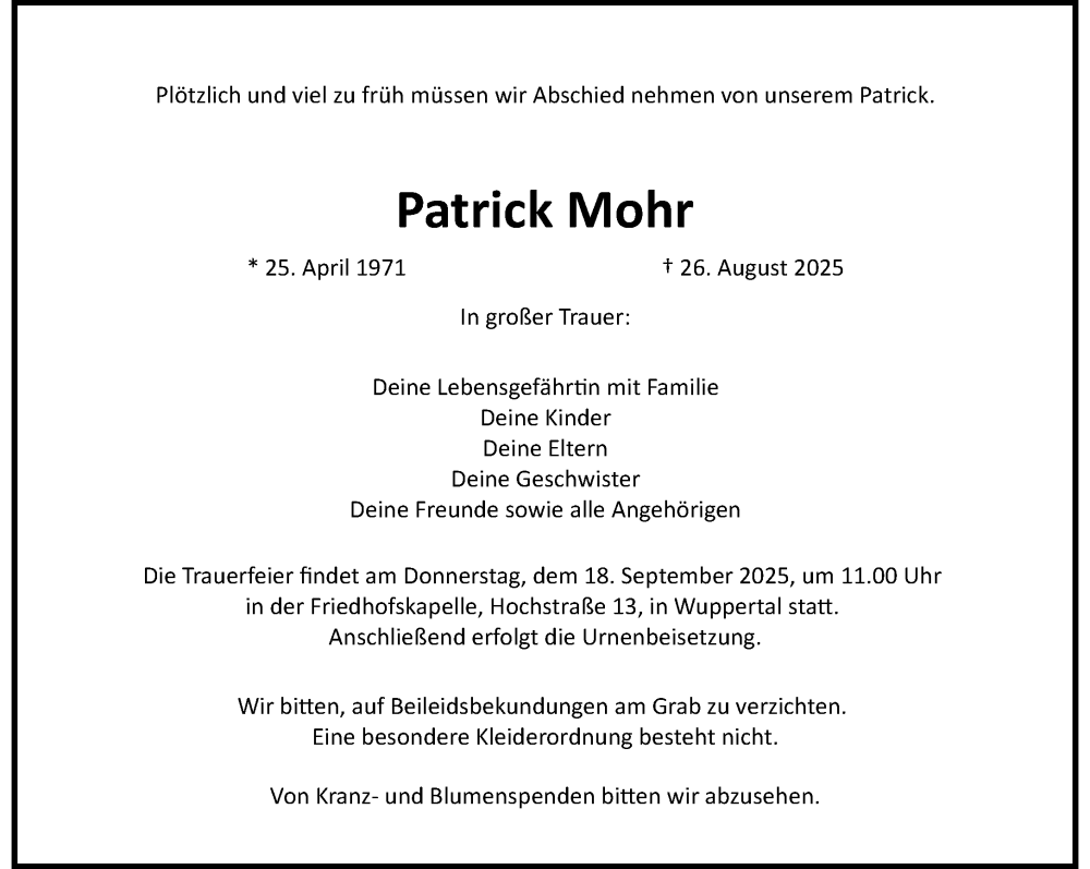  Traueranzeige für Patrick Mohr vom 13.09.2025 aus trauer.wuppertaler-rundschau.de