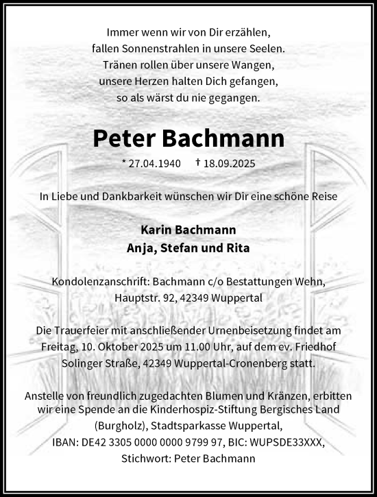 Traueranzeige von Peter Bachmann von trauer.wuppertaler-rundschau.de