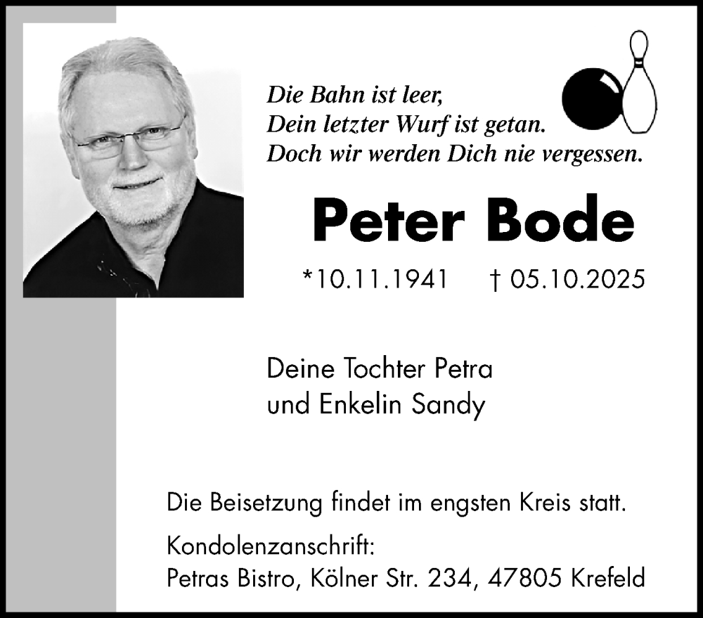  Traueranzeige für Peter Bode vom 26.10.2025 aus trauer.panorama-anzeigenblatt.de