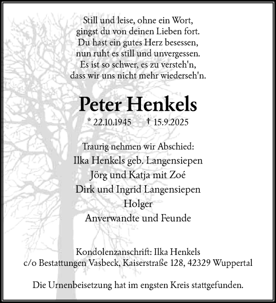 Traueranzeige von Peter Henkels von trauer.wuppertaler-rundschau.de
