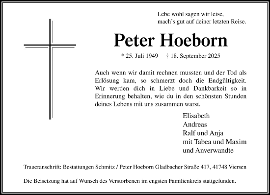 Traueranzeige von Peter Hoeborn von trauer.panorama-anzeigenblatt.de