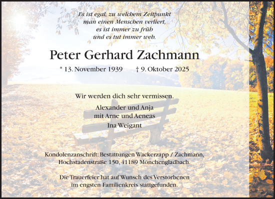 Traueranzeige von Peter Gerhard Zachmann von trauer.panorama-anzeigenblatt.de