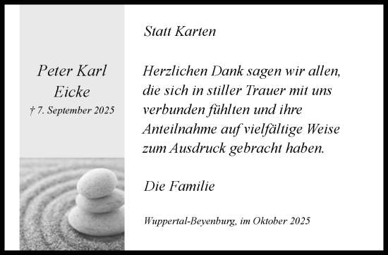 Traueranzeige von Peter Karl Eicke von trauer.wuppertaler-rundschau.de