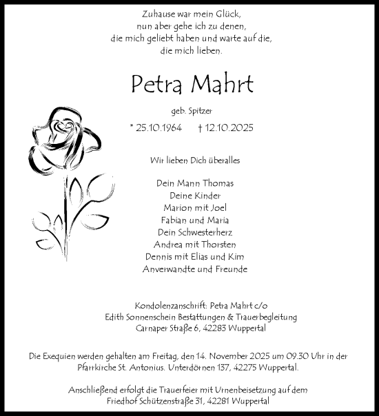 Traueranzeige von Petra Mahrt von trauer.wuppertaler-rundschau.de
