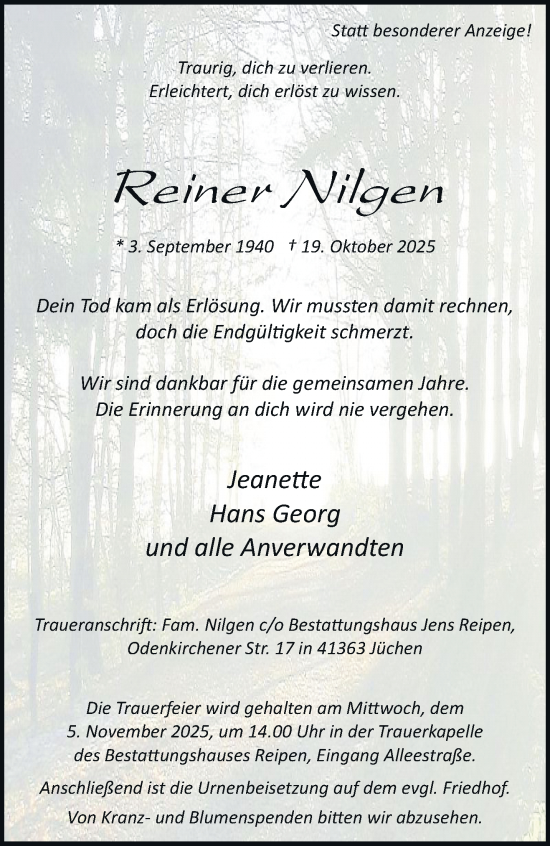 Traueranzeige von Reiner Nilgen von trauer.stadt-kurier.de