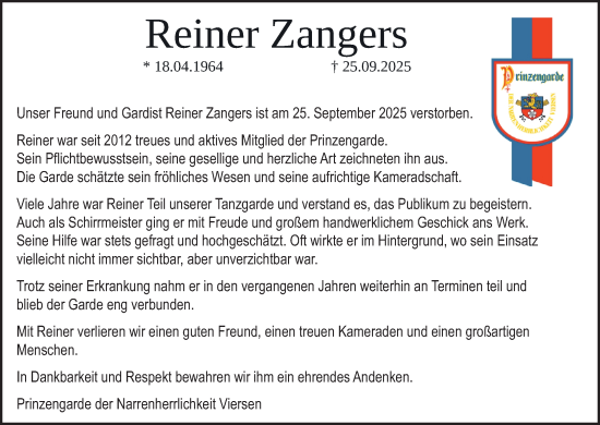 Traueranzeige von Reiner Zangers von trauer.panorama-anzeigenblatt.de