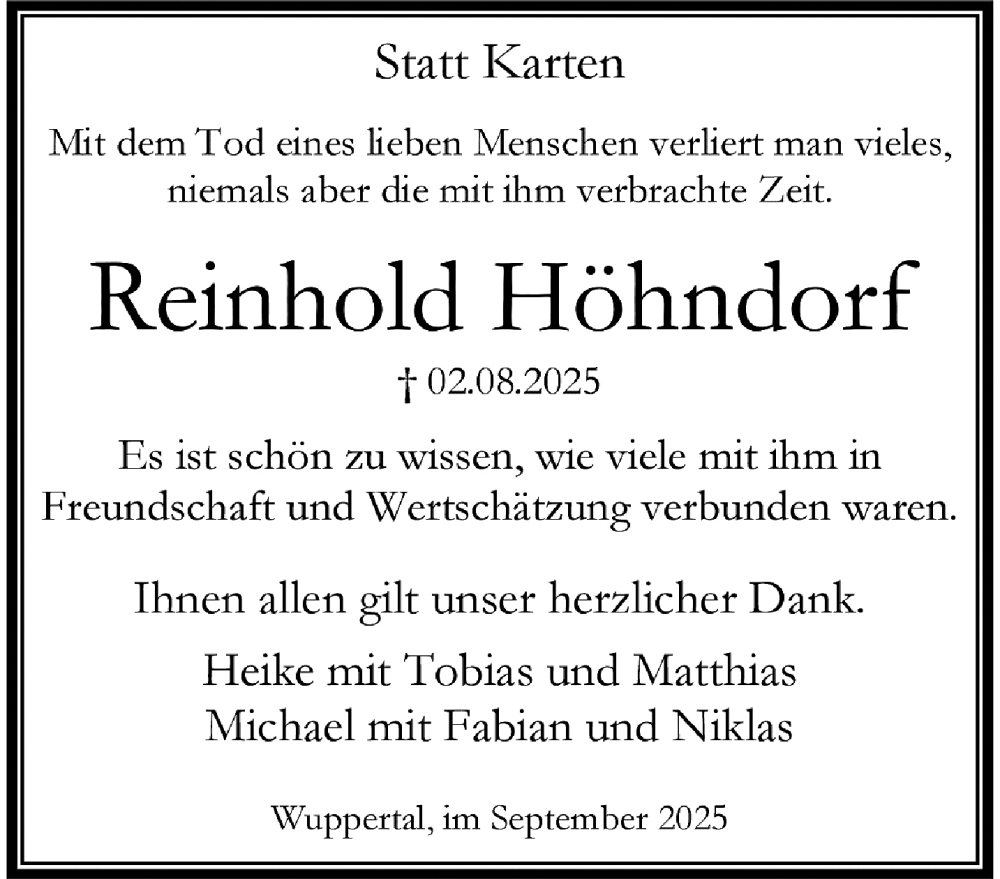  Traueranzeige für Reinhold Höhndorf vom 27.09.2025 aus trauer.wuppertaler-rundschau.de