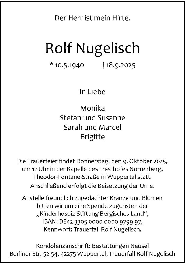  Traueranzeige für Rolf Nugelisch vom 27.09.2025 aus trauer.wuppertaler-rundschau.de