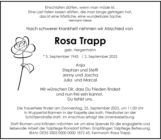 Traueranzeige von Rosa Trapp von trauer.wuppertaler-rundschau.de