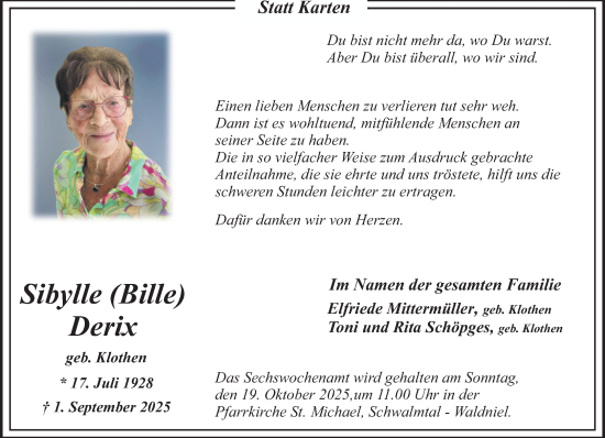 Traueranzeige von Sibylle Derix von trauer.panorama-anzeigenblatt.de