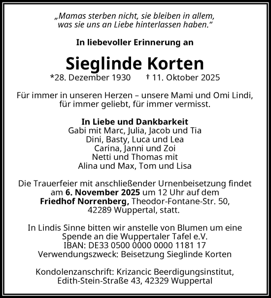 Traueranzeige von Sieglinde Korten von trauer.wuppertaler-rundschau.de