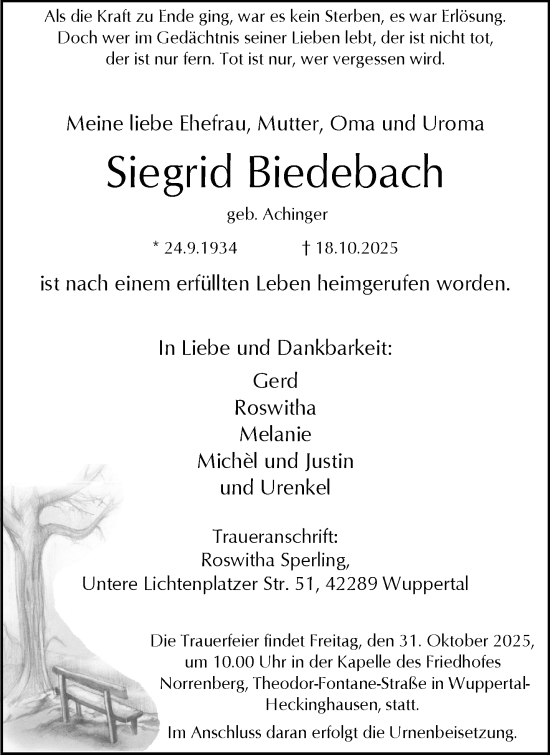 Traueranzeige von Siegrid Biedebach von trauer.wuppertaler-rundschau.de