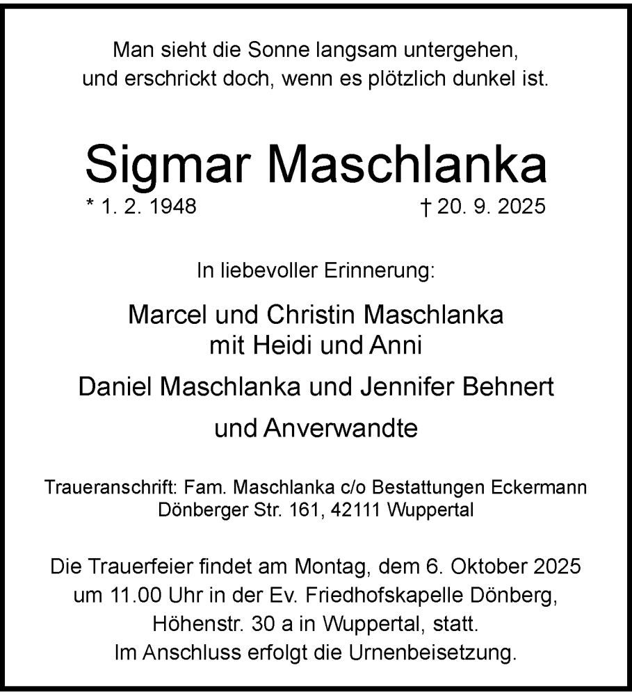  Traueranzeige für Sigmar Maschlanka vom 27.09.2025 aus trauer.wuppertaler-rundschau.de
