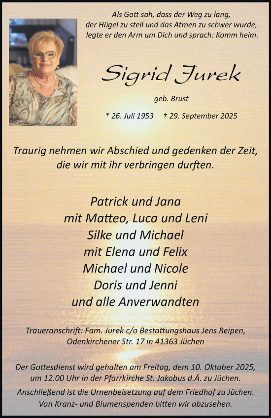 Traueranzeige von Sigrid Jurek von trauer.stadt-kurier.de