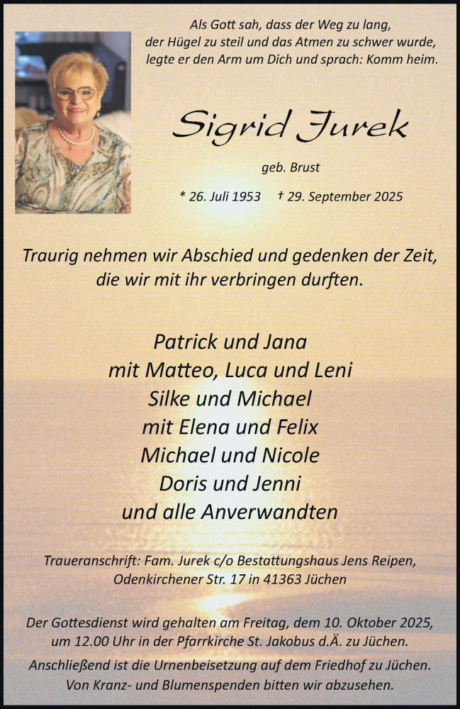  Traueranzeige für Sigrid Jurek vom 04.10.2025 aus trauer.stadt-kurier.de