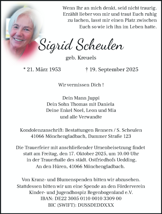 Traueranzeige von Sigrid Scheulen von trauer.panorama-anzeigenblatt.de