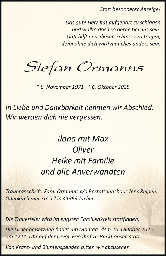 Traueranzeige von Stefan Ormanns von trauer.stadt-kurier.de