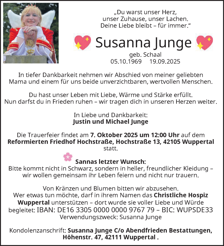  Traueranzeige für Susanna Junge vom 27.09.2025 aus trauer.wuppertaler-rundschau.de