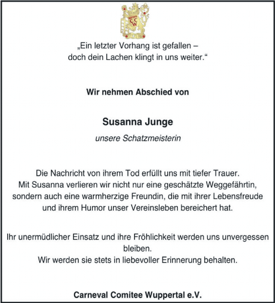  Traueranzeige für Susanna Junge vom 04.10.2025 aus trauer.wuppertaler-rundschau.de