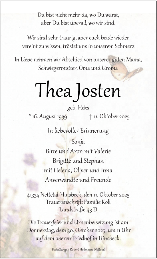 Traueranzeige von Thea Josten von trauer.panorama-anzeigenblatt.de
