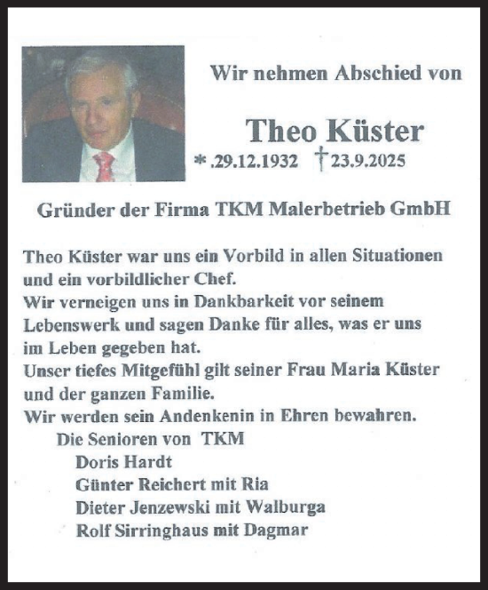 Traueranzeige von Theo Küster von trauer.wuppertaler-rundschau.de