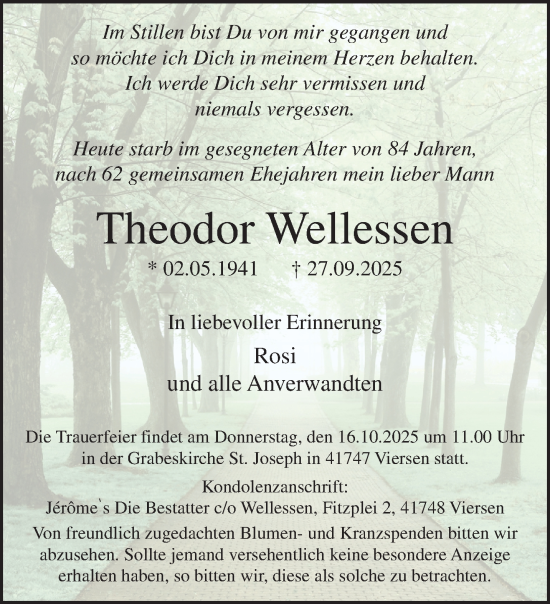 Traueranzeige von Theodor Wellessen von trauer.panorama-anzeigenblatt.de
