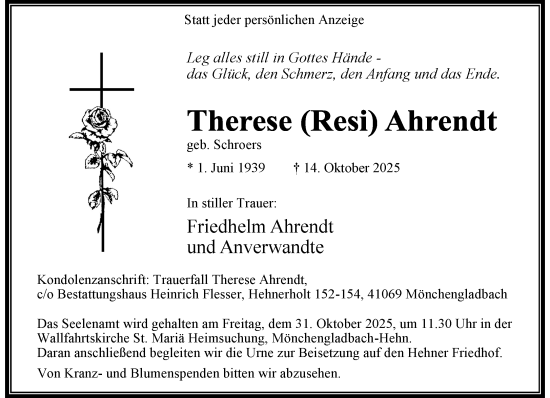 Traueranzeige von Therese (Resi) Ahrendt von trauer.panorama-anzeigenblatt.de