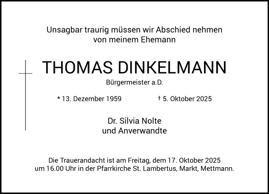 Traueranzeige von Thomas Dinkelmann von trauer.panorama-anzeigenblatt.de