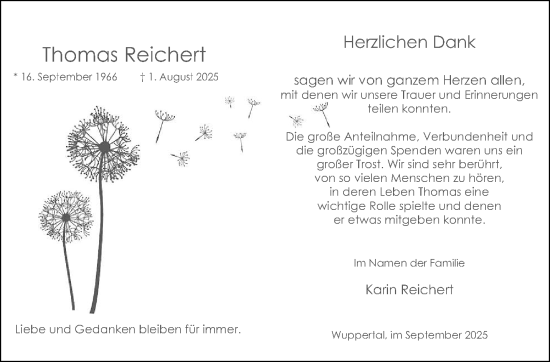 Traueranzeige von Thomas Reichert von trauer.wuppertaler-rundschau.de