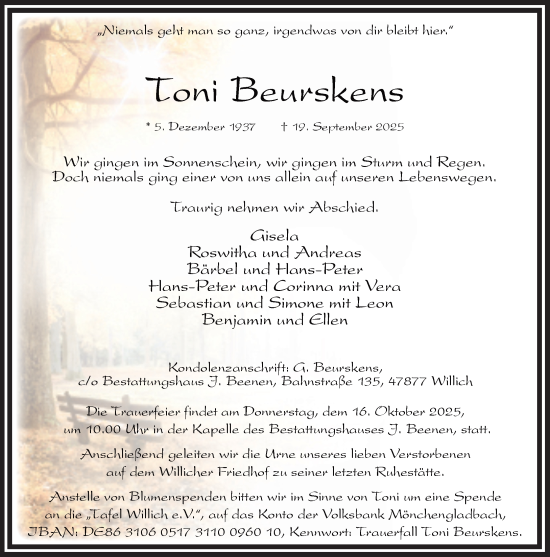 Traueranzeige von Toni Beurskens von trauer.panorama-anzeigenblatt.de