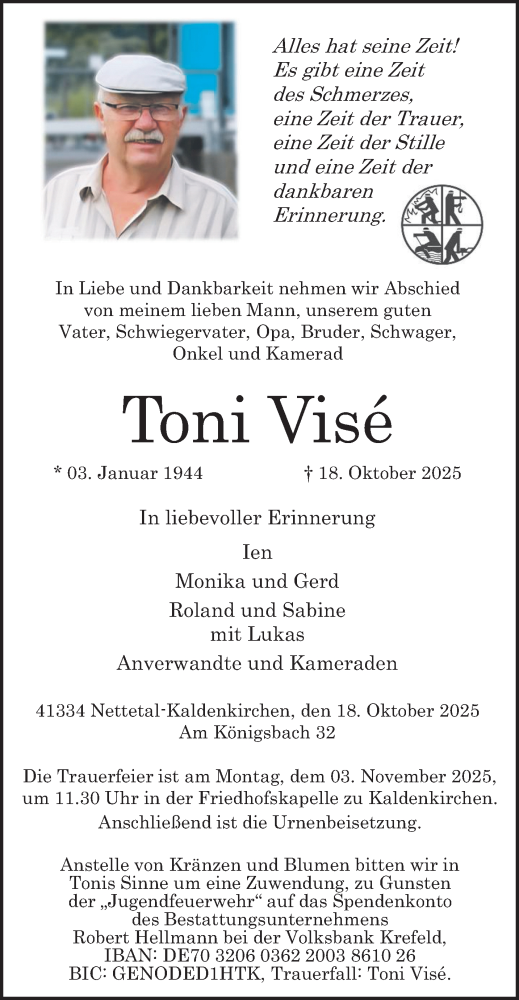  Traueranzeige für Toni Visé vom 26.10.2025 aus trauer.panorama-anzeigenblatt.de