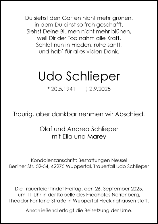 Traueranzeige von Udo Schlieper von trauer.wuppertaler-rundschau.de