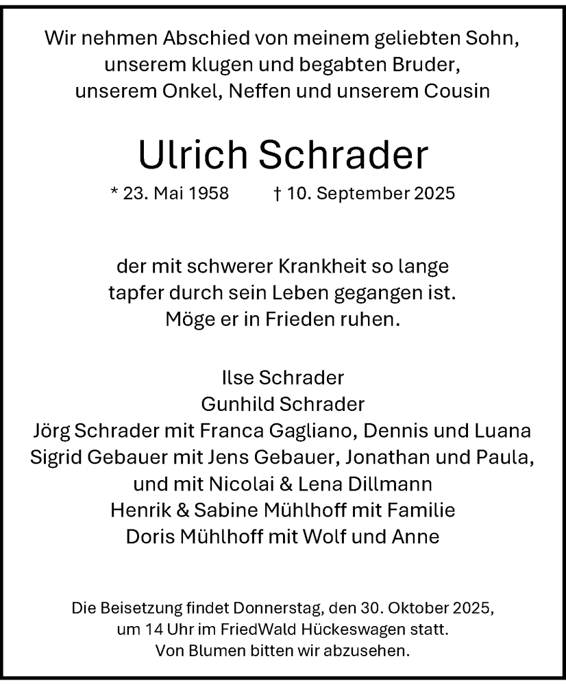  Traueranzeige für Ulrich Schrader vom 11.10.2025 aus trauer.wuppertaler-rundschau.de