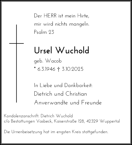 Traueranzeige von Ursel Wuchold von trauer.wuppertaler-rundschau.de
