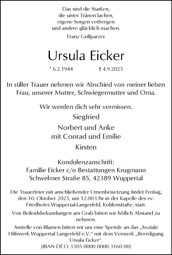 Traueranzeige von Ursula Eicker von trauer.wuppertaler-rundschau.de