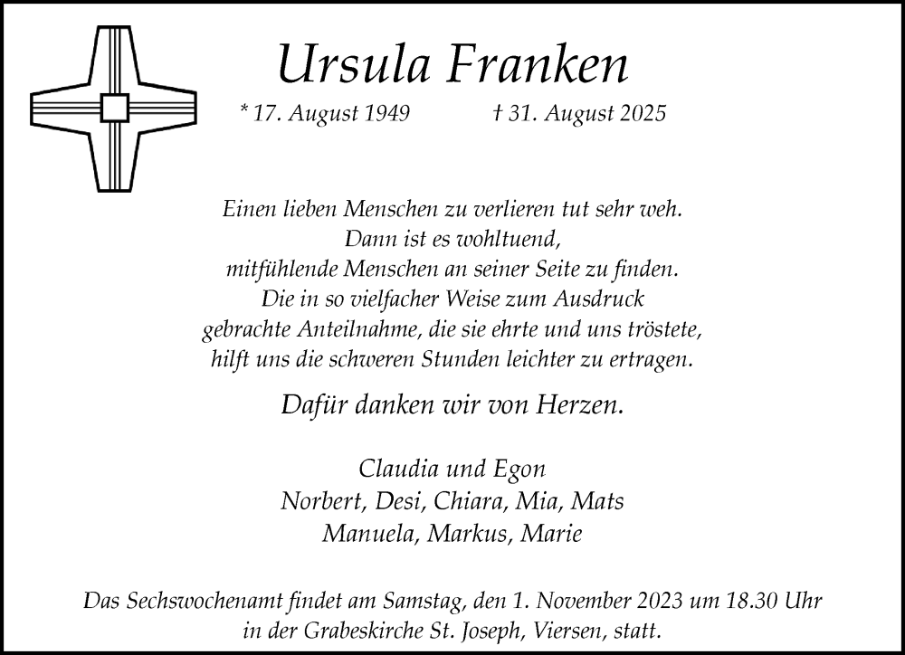  Traueranzeige für Ursula Franken vom 26.10.2025 aus trauer.panorama-anzeigenblatt.de