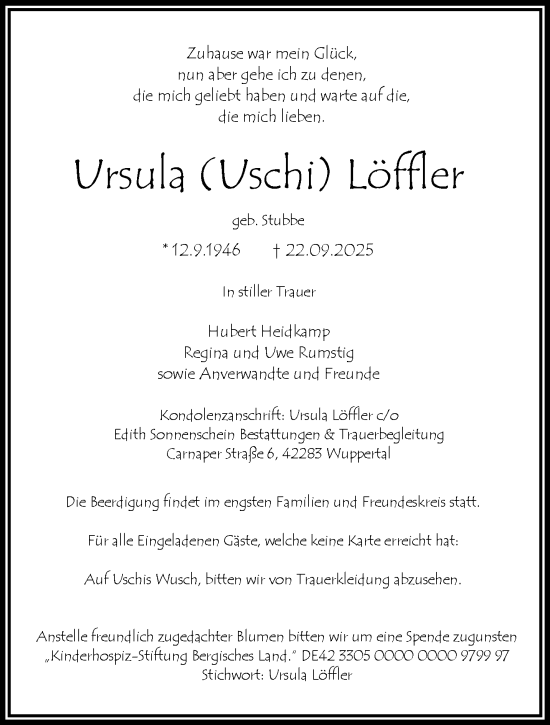 Traueranzeige von Ursula Löffler von trauer.wuppertaler-rundschau.de