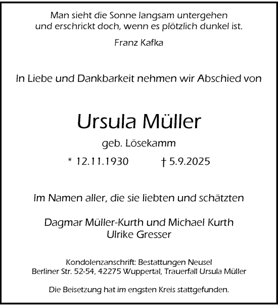 Traueranzeige von Ursula Müller von trauer.wuppertaler-rundschau.de