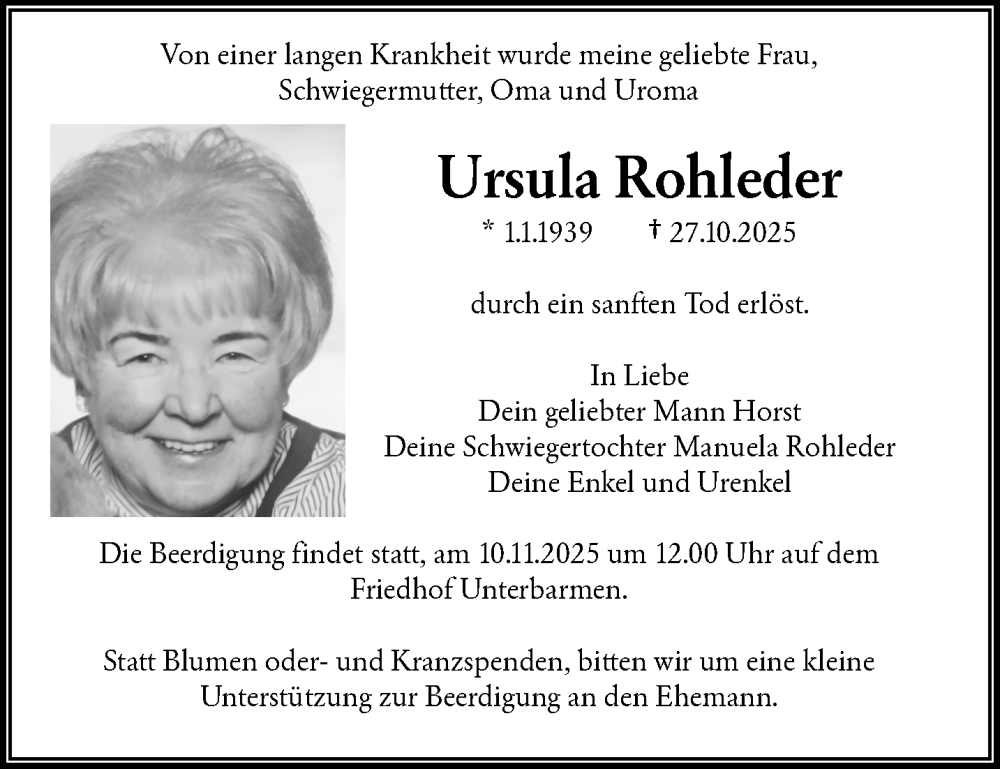  Traueranzeige für Ursula Rohleder vom 01.11.2025 aus trauer.wuppertaler-rundschau.de