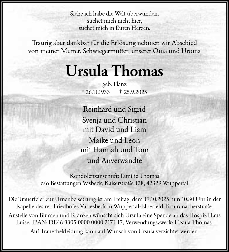  Traueranzeige für Ursula Thomas vom 11.10.2025 aus trauer.wuppertaler-rundschau.de
