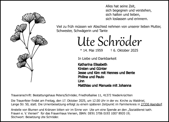 Traueranzeige von Ute Schröder von trauer.panorama-anzeigenblatt.de