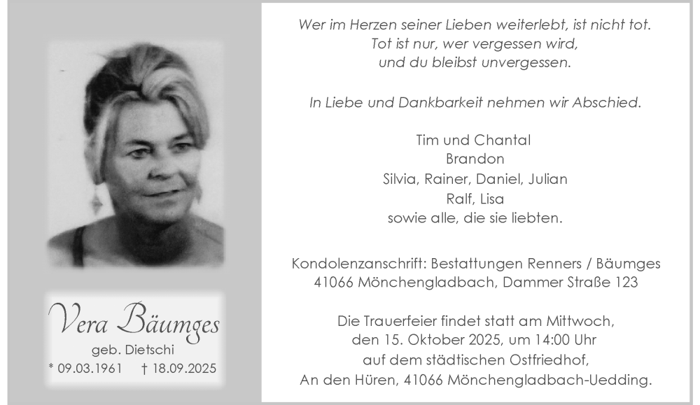  Traueranzeige für Vera Bäumges vom 12.10.2025 aus trauer.panorama-anzeigenblatt.de