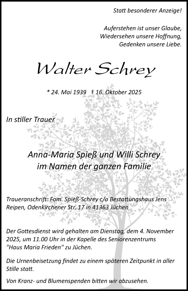  Traueranzeige für Walter Schrey vom 25.10.2025 aus trauer.stadt-kurier.de