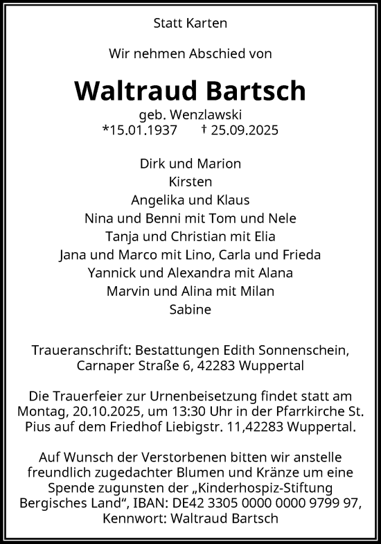 Traueranzeige von Waltraud Bartsch von trauer.wuppertaler-rundschau.de