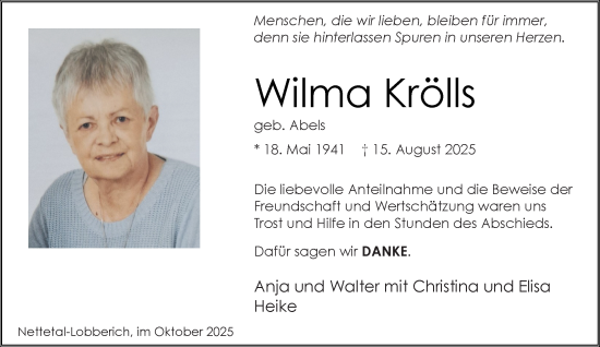 Traueranzeige von Wilma Krölls von trauer.panorama-anzeigenblatt.de