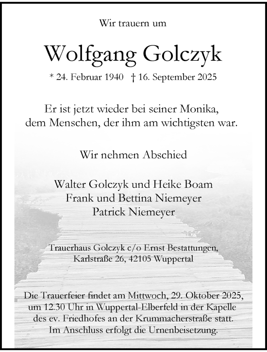 Traueranzeige von Wolfgang Golczyk von trauer.wuppertaler-rundschau.de
