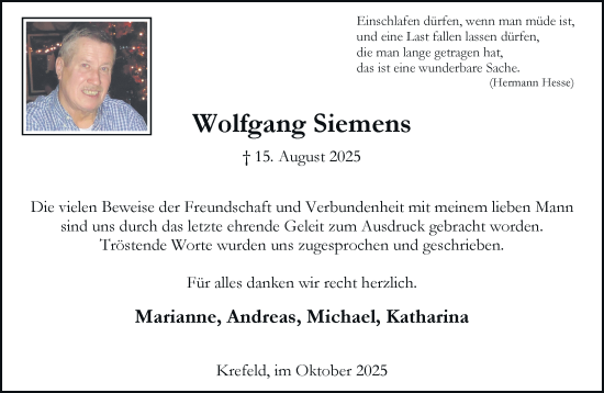 Traueranzeige von Wolfgang Siemens von trauer.panorama-anzeigenblatt.de
