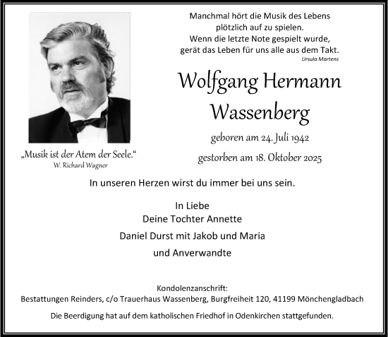 Traueranzeige von Wolfgang Hermann Wassenberg von trauer.panorama-anzeigenblatt.de