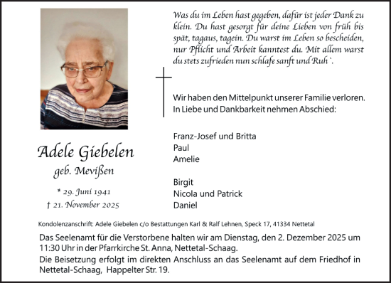 Traueranzeige von Adele Giebelen von trauer.panorama-anzeigenblatt.de