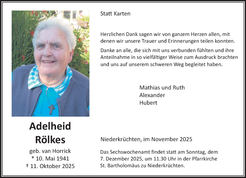  Traueranzeige für Adelheid Rölkes vom 23.11.2025 aus trauer.panorama-anzeigenblatt.de